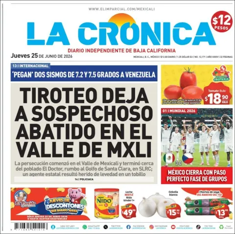 Portada de La Cronica del jueves, 25 de junio de 2026