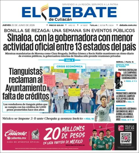 Portada de El Debate de Culiacan del jueves, 25 de junio de 2026