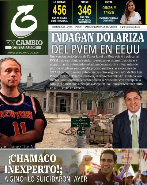 Portada de En Cambio - Quintana Roo (portada) del jueves, 25 de junio de 2026