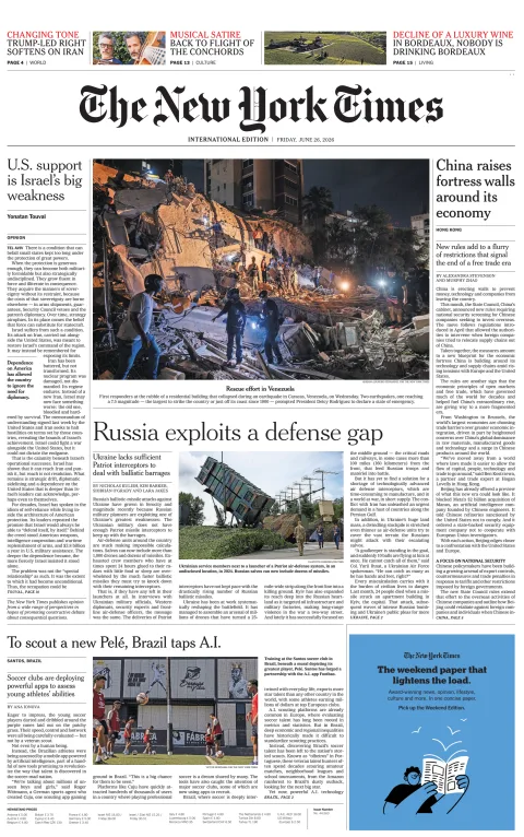Portada de The New York Times (international) del viernes, 26 de junio de 2026
