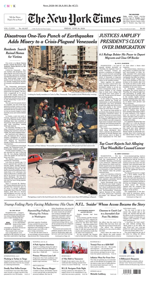 Portada de The New York Times (new York) del viernes, 26 de junio de 2026