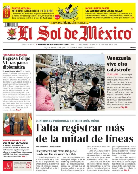 Portada de El Sol de Mexico del viernes, 26 de junio de 2026