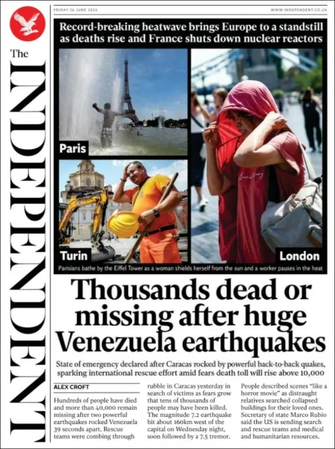 Portada de The Independent del viernes, 26 de junio de 2026