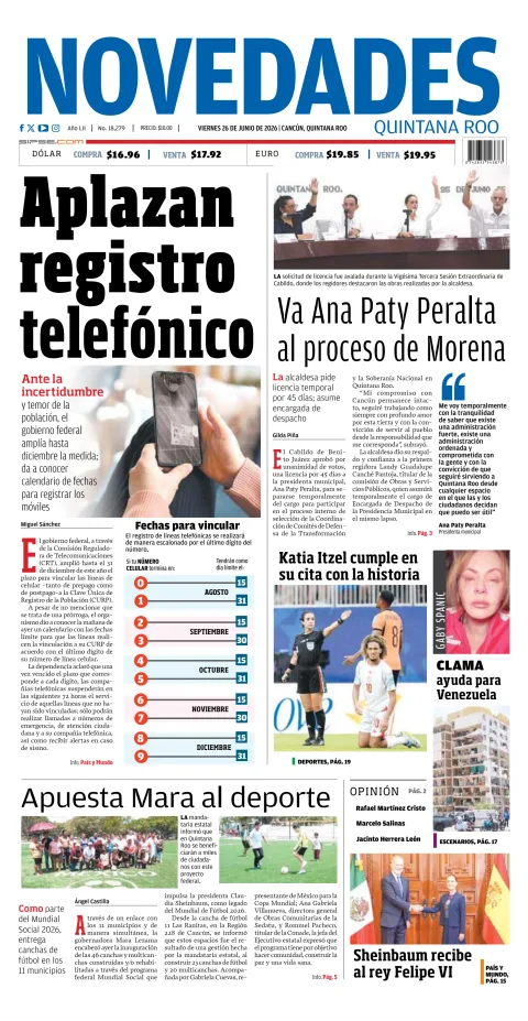 Portada de Novedades Quintana Roo del viernes, 26 de junio de 2026