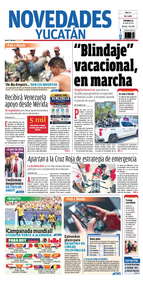 Portada de Novedades Yucatan del viernes, 26 de junio de 2026