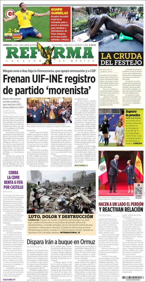 Portada de Reforma del viernes, 26 de junio de 2026