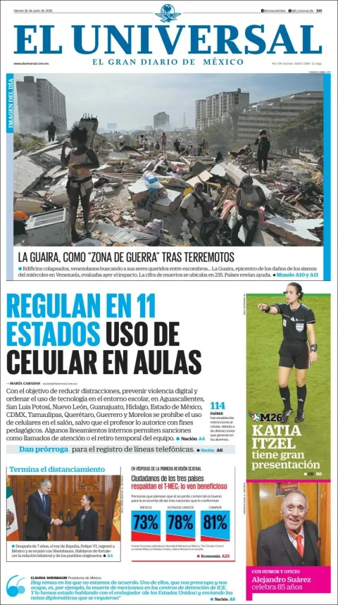 Portada de El Universal del viernes, 26 de junio de 2026