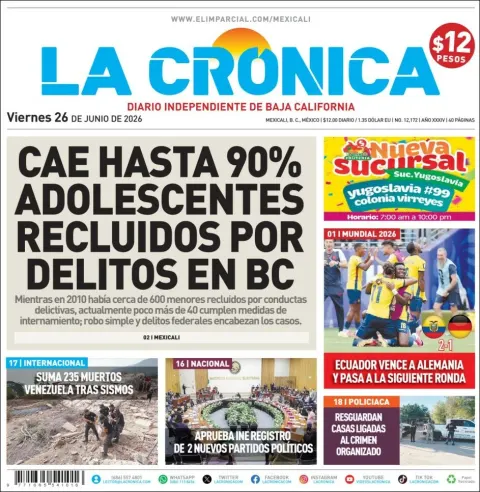 Portada de La Cronica del viernes, 26 de junio de 2026