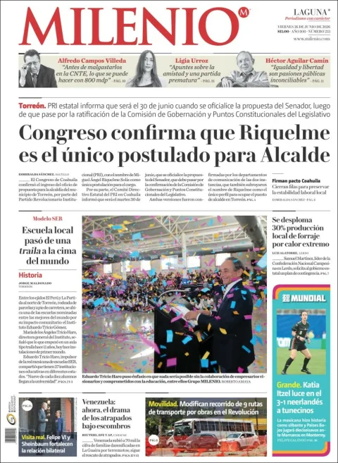 Portada de Milenio Laguna del viernes, 26 de junio de 2026