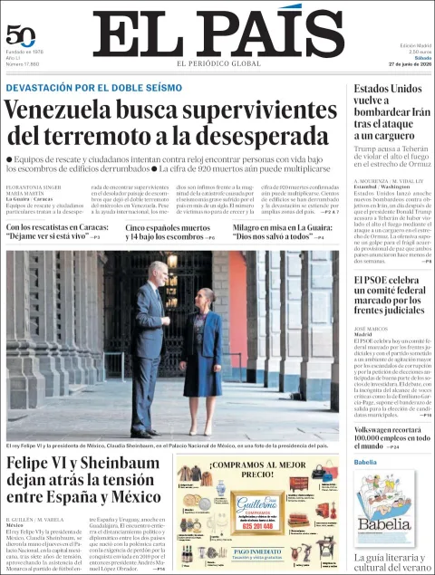 Portada de El Pais del sábado, 27 de junio de 2026