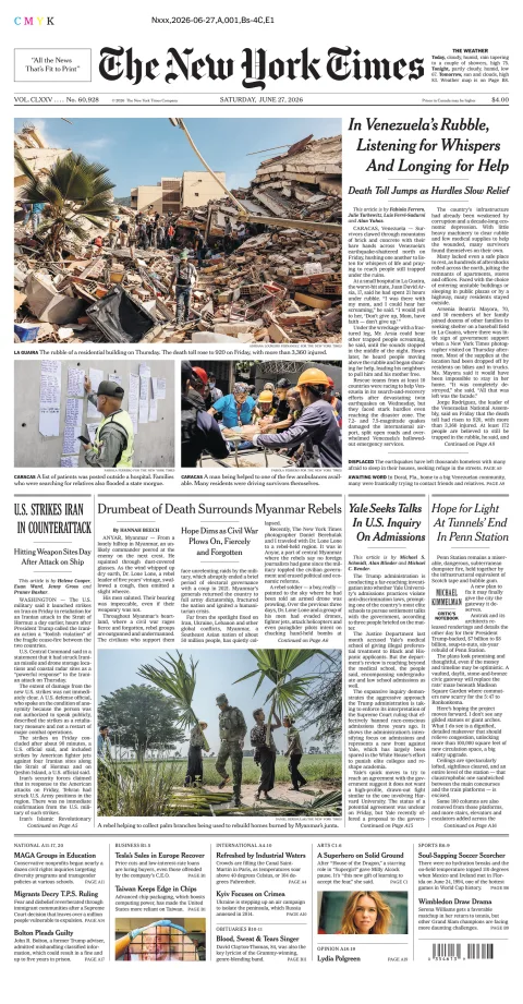 Portada de The New York Times (new York) del sábado, 27 de junio de 2026