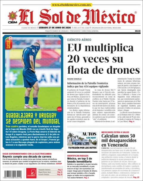 Portada de El Sol de Mexico del sábado, 27 de junio de 2026
