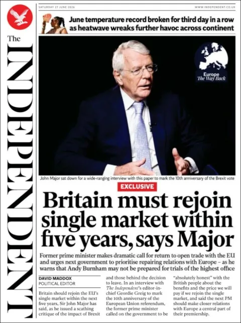 Portada de The Independent del sábado, 27 de junio de 2026