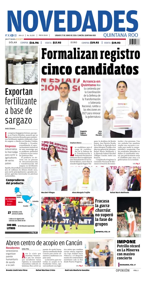 Portada de Novedades Quintana Roo del sábado, 27 de junio de 2026