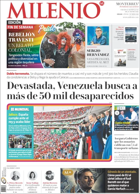 Portada de Milenio del sábado, 27 de junio de 2026