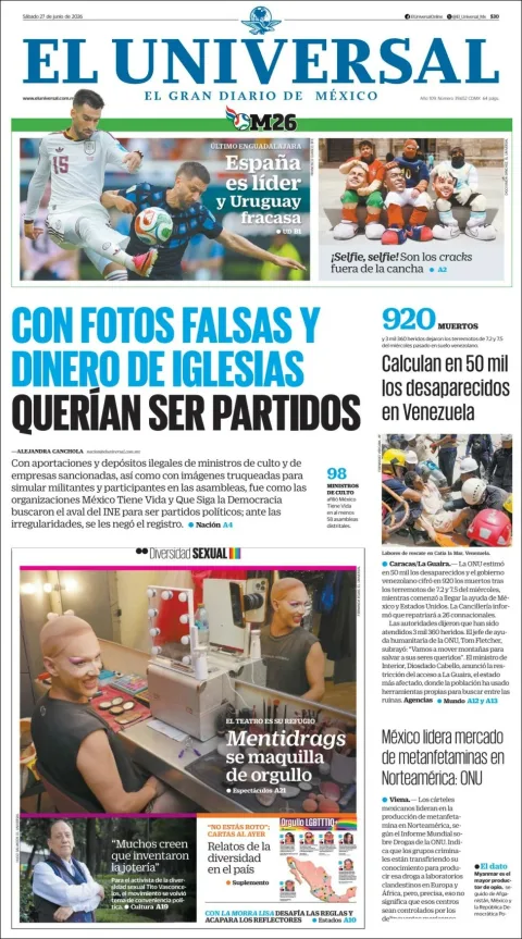 Portada de El Universal del sábado, 27 de junio de 2026