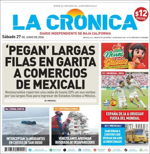 Portada de La Cronica del sábado, 27 de junio de 2026