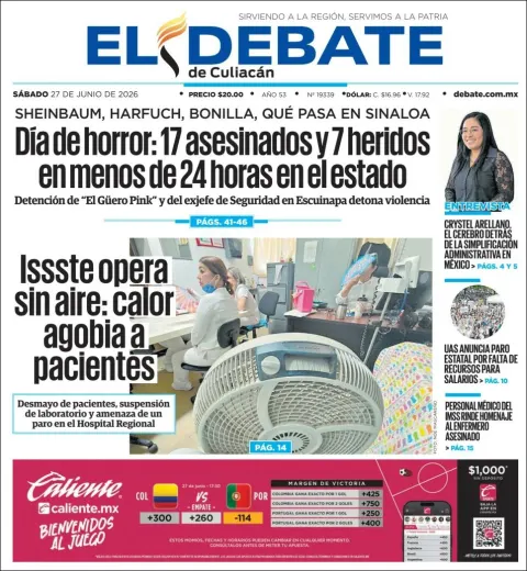 Portada de El Debate de Culiacan del sábado, 27 de junio de 2026