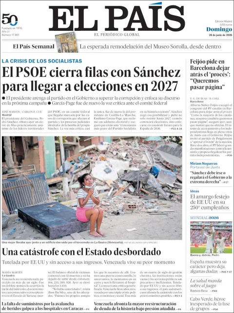 Portada de El Pais del domingo, 28 de junio de 2026