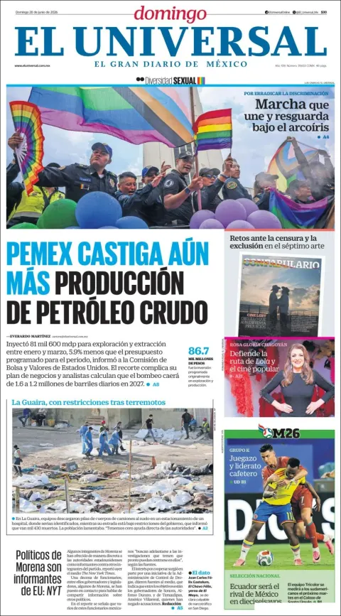 Portada de El Universal del domingo, 28 de junio de 2026