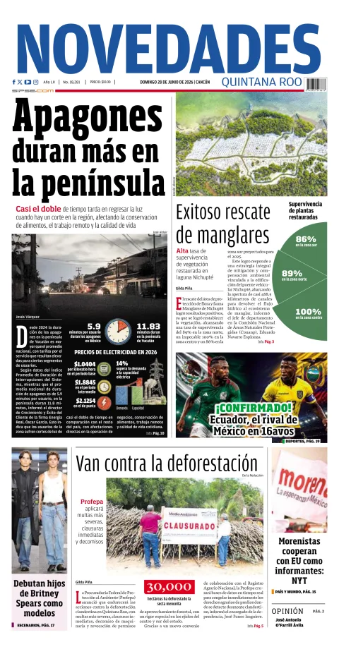 Portada de Novedades Quintana Roo del domingo, 28 de junio de 2026