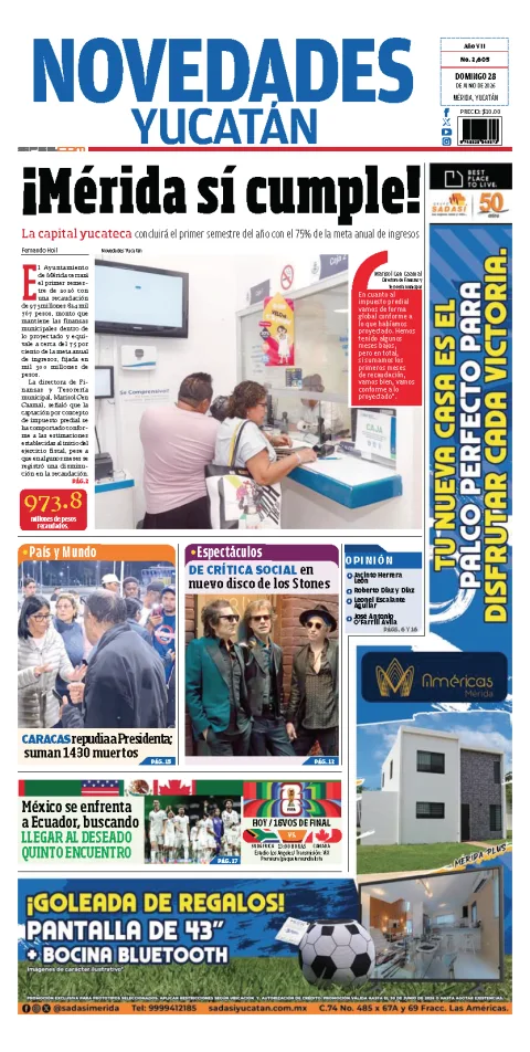 Portada de Novedades Yucatan del domingo, 28 de junio de 2026