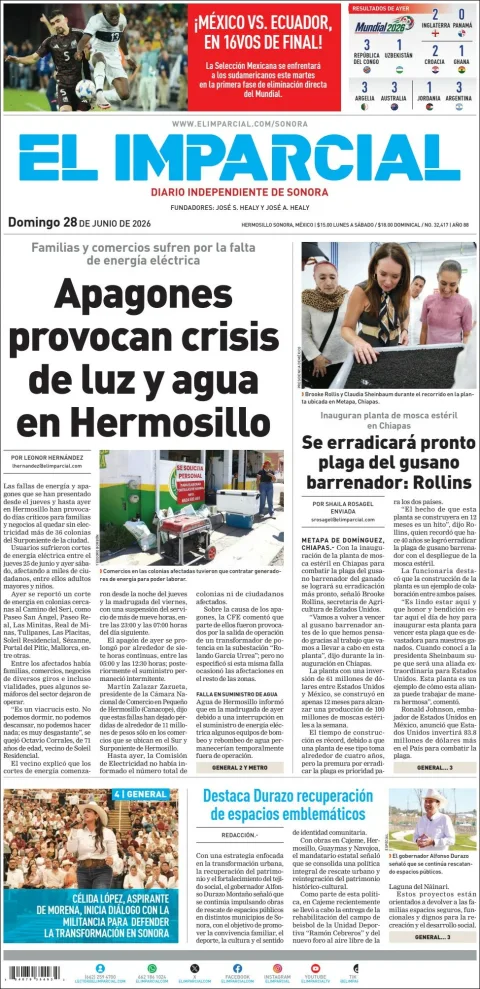 Portada de El Imparcial del domingo, 28 de junio de 2026