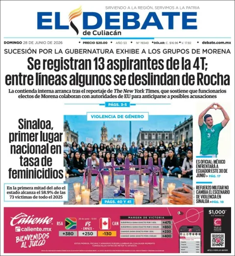 Portada de El Debate de Culiacan del domingo, 28 de junio de 2026