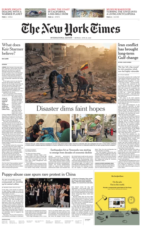 Portada de The New York Times (international) del lunes, 29 de junio de 2026