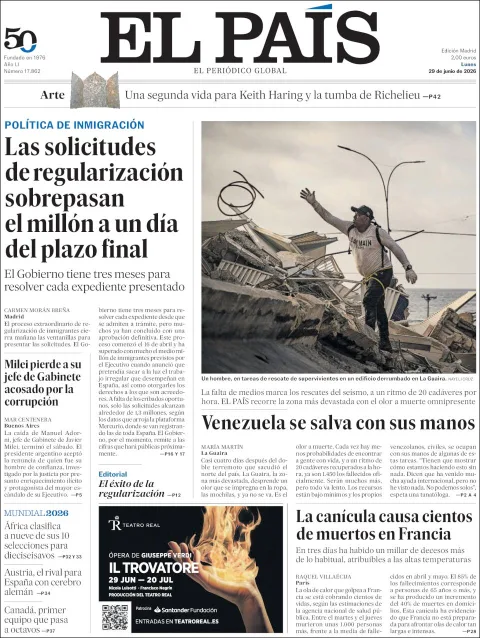 Portada de El Pais del lunes, 29 de junio de 2026