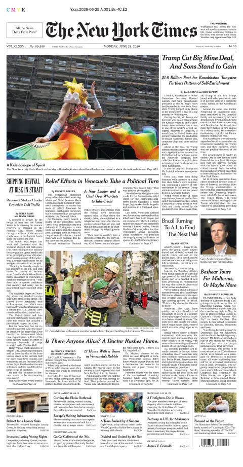 Portada de The New York Times (national) del lunes, 29 de junio de 2026