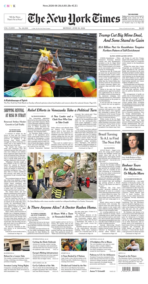 Portada de The New York Times (new York) del lunes, 29 de junio de 2026