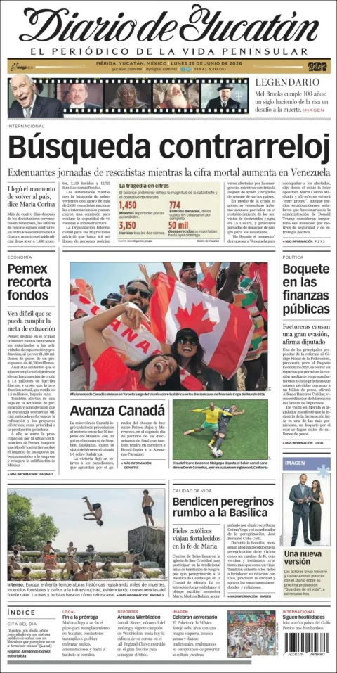Portada de Diario de Yucatán del lunes, 29 de junio de 2026