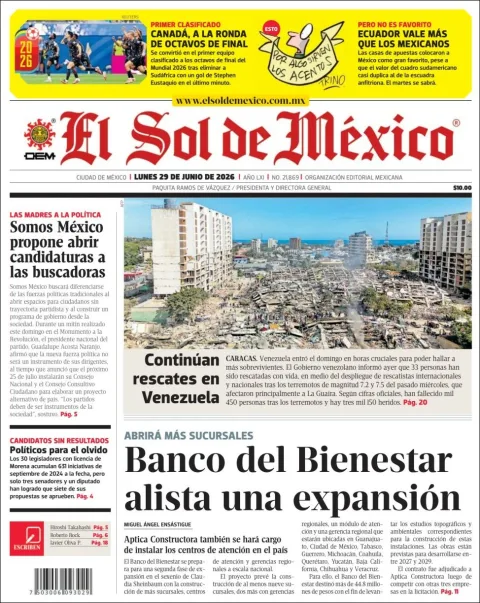 Portada de El Sol de Mexico del lunes, 29 de junio de 2026