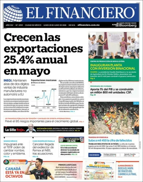 Portada de El Financiero del lunes, 29 de junio de 2026