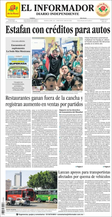Portada de El Informador del lunes, 29 de junio de 2026