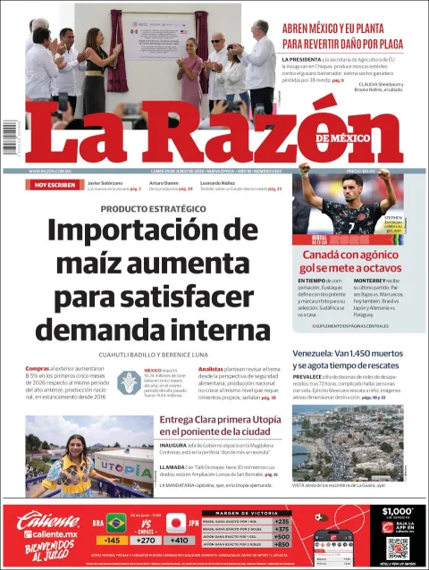 Portada de La Razon del lunes, 29 de junio de 2026