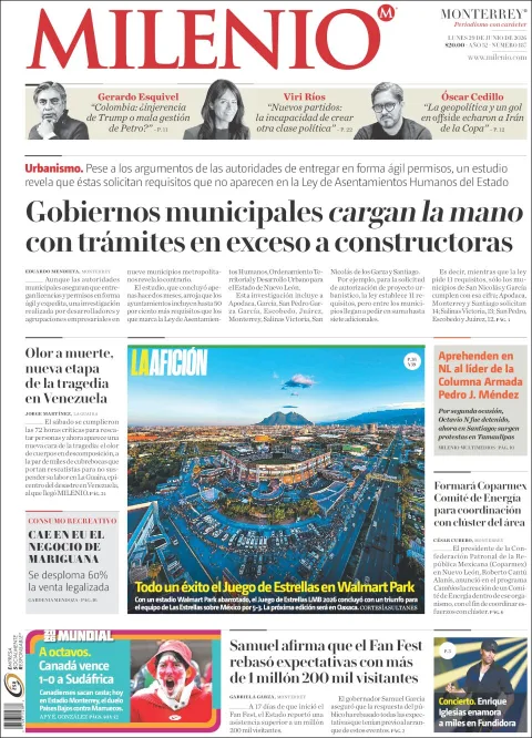 Portada de Milenio del lunes, 29 de junio de 2026