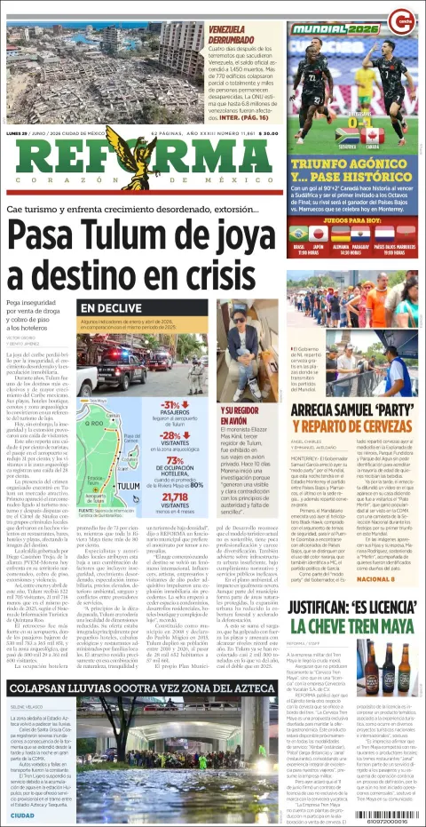 Portada de Reforma del lunes, 29 de junio de 2026