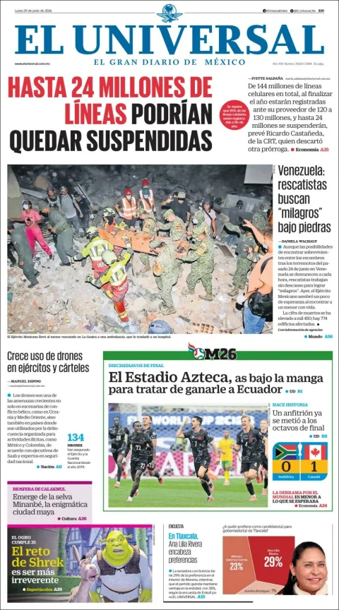 Portada de El Universal del lunes, 29 de junio de 2026