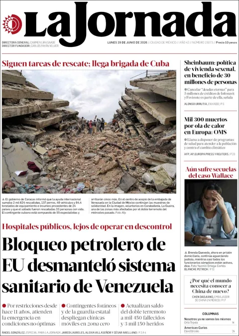 Portada de La Jornada del lunes, 29 de junio de 2026