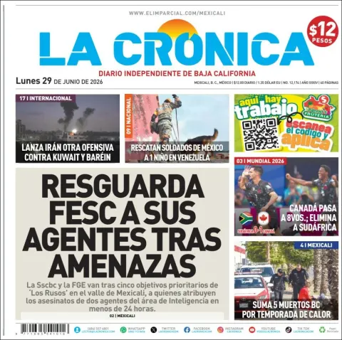 Portada de La Cronica del lunes, 29 de junio de 2026