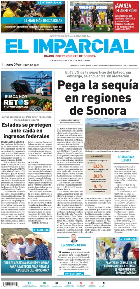 Portada de El Imparcial del lunes, 29 de junio de 2026