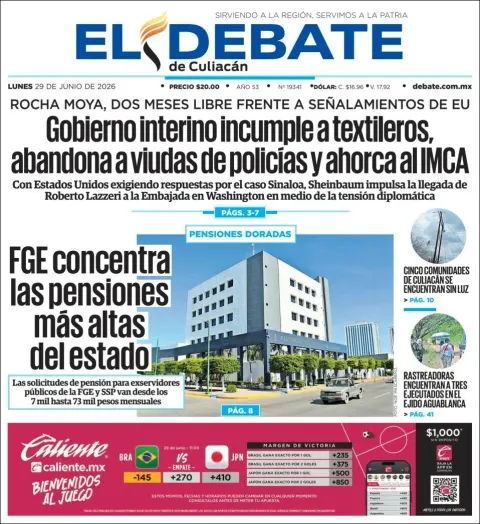 Portada de El Debate de Culiacan del lunes, 29 de junio de 2026