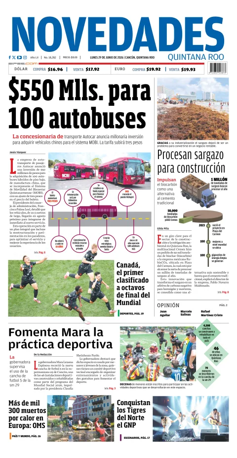 Portada de Novedades Quintana Roo del lunes, 29 de junio de 2026