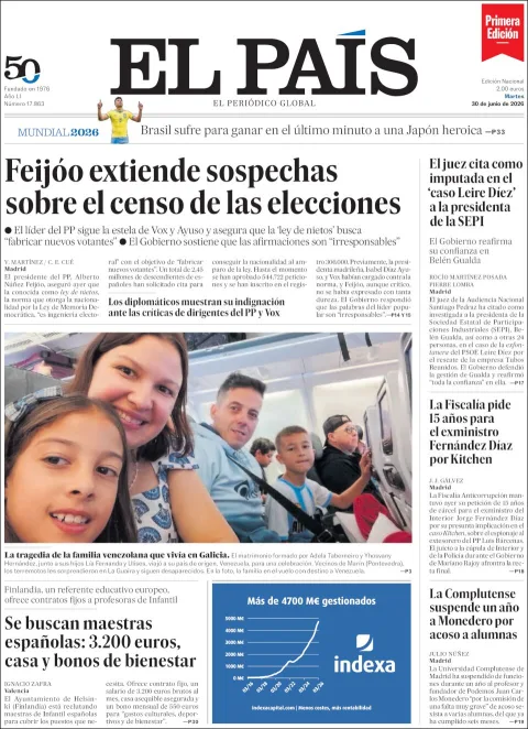 Portada de El Pais del martes, 30 de junio de 2026