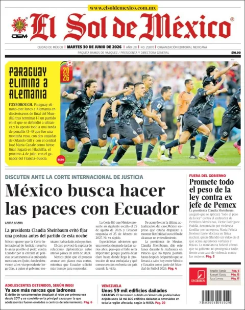 Portada de El Sol de Mexico del martes, 30 de junio de 2026