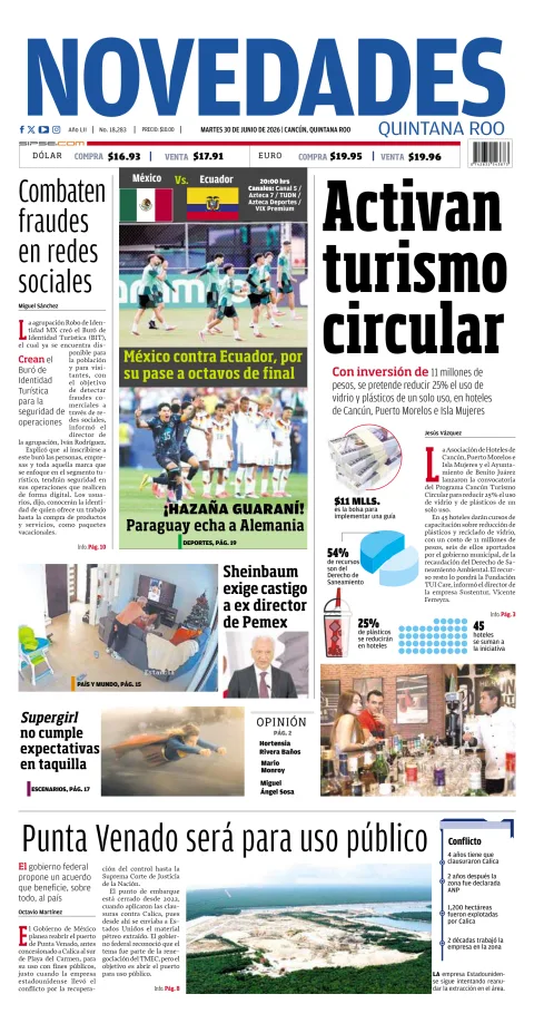 Portada de Novedades Quintana Roo del martes, 30 de junio de 2026
