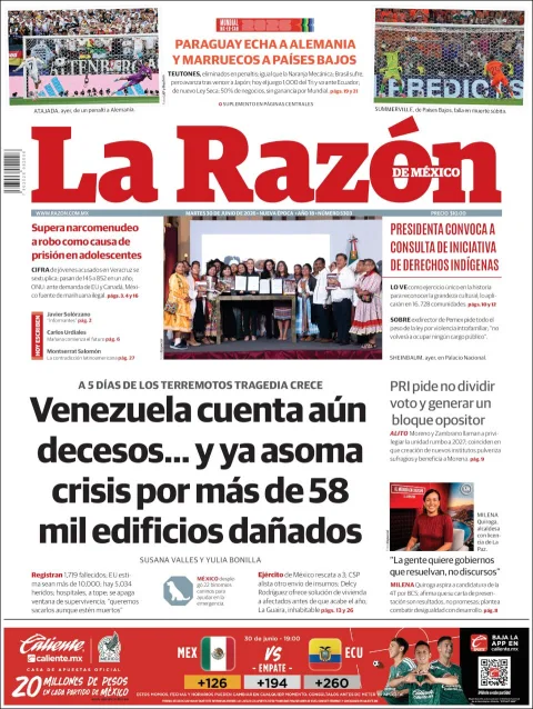 Portada de La Razon del martes, 30 de junio de 2026