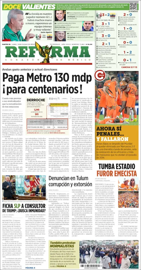 Portada de Reforma del martes, 30 de junio de 2026